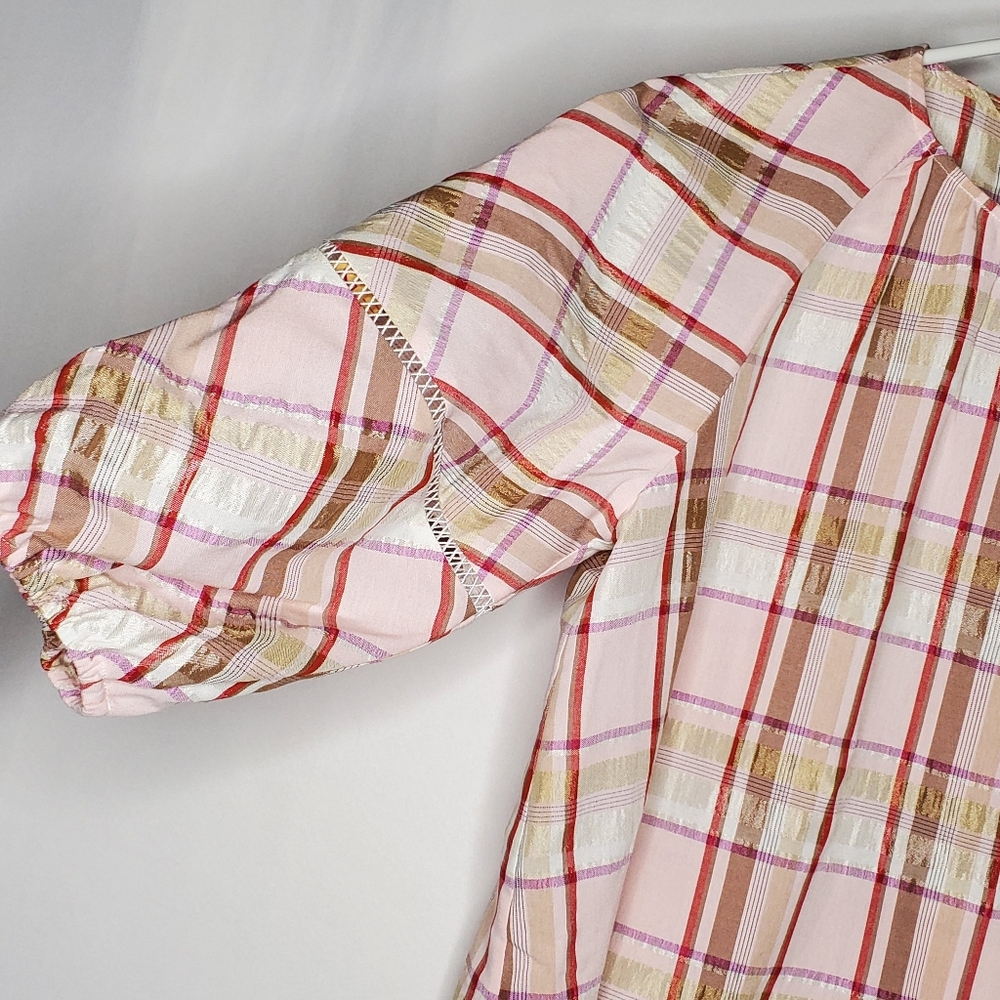 Pearl Lela‎ Rose Top Womens XS Pink Plaid Oversized 3/4 Raglan Sleeve Farmhouse - Picture 3 of 8